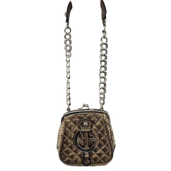 Guess Y2K Mini Quilted Shoulder Bag Signature Logo Bronze Silver - Picture 1 of 11